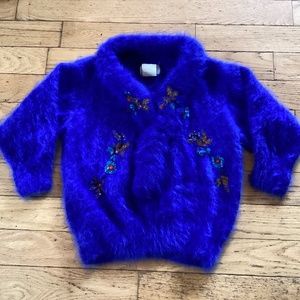 Vintage 100% rabbit hair angora, hand knit, royal blue, sequins, sweater